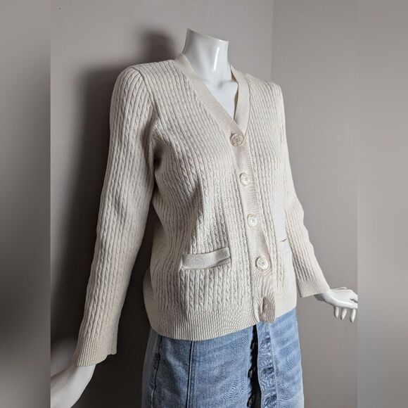 Vintage Cream Cable Knit Cardigan Women’s Petite M Minimal Cotton Pockets - Picture 5 of 10